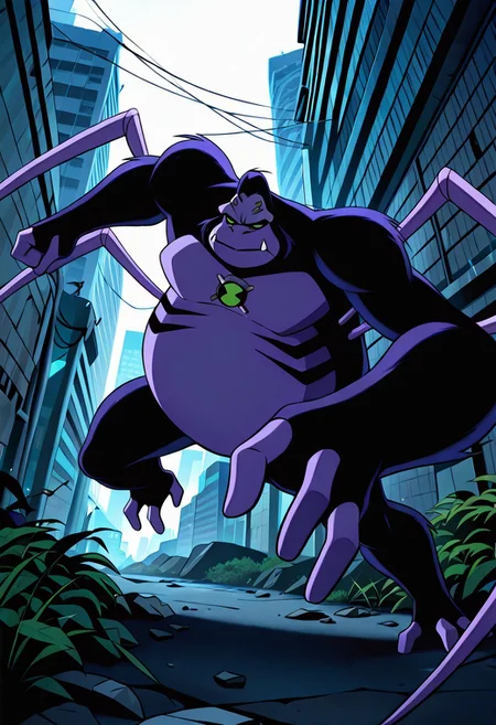 masterpiece, best quality, amazing quality, very aesthetic, absurdres, newest,, detailed background,
ultspidmon, no humans, solo, fangs, monster, extra eyes, green eyes, pokemon (creature), arthropod limbs, purple face,
destroyed city, spider legs, massive arms, incoming punch, overgrown city, vegetation, spider webs, large spider webs,