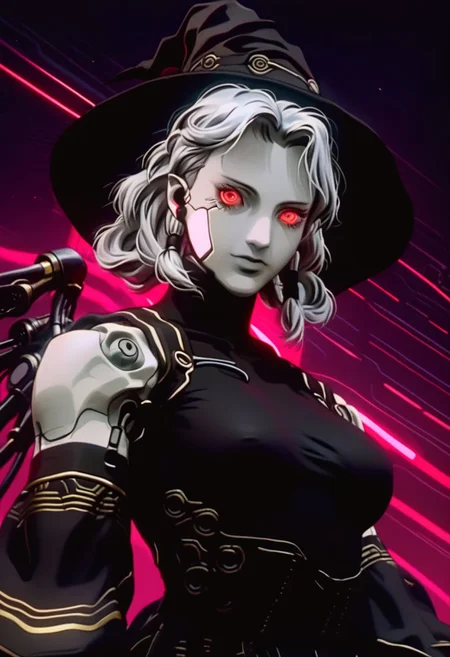 score_9, score_8_up, score_7_up, zPDXL,retro artstyle, cyberpunk, cyborg, 1girl, agratsmtvv, curly hair, grey hair, twin braids, colored skin, grey skin, red eyes, pointy ears, witch hat, black dress, detailed dress, detached sleeves, black wings, doll joints, robot, wires, busty, looking at viewer, dark neon background, night, light particles, ,seductive smile, ghostintheshellstyle,