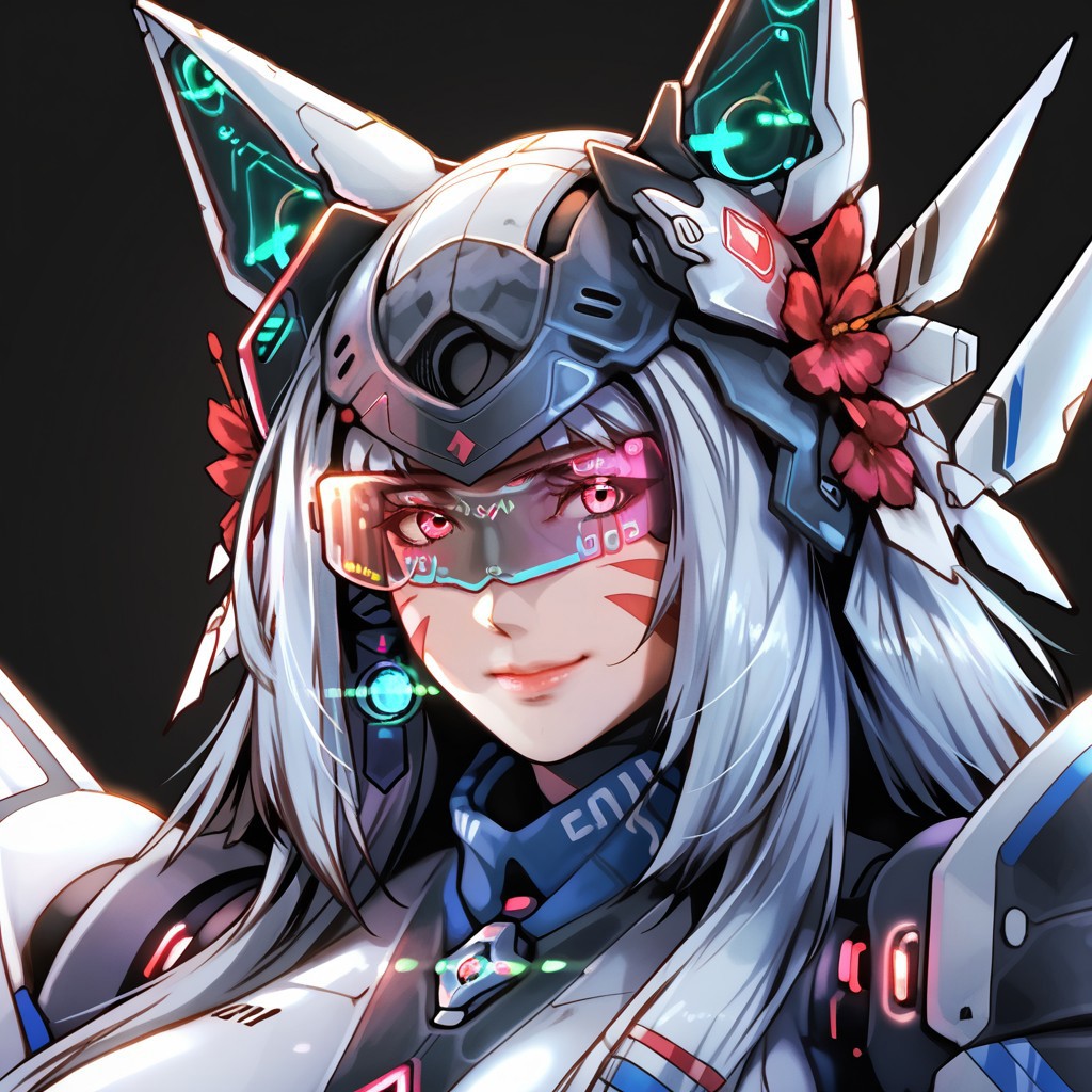 uaf-character, |||, simple background, uaf_red_blue_ilumination, android, visor, robot, smile, breasts, uaf_neuko, 1girl, uaf-portrait, helmet, glowing, whisker markings, silver hair ornament, upper body, black background, card, uaf_redblue_backlight, solo, facial mark, animal ears, 80swa, Expressiveh, score_9,score_8_up,score_7_up,  8k, hd , ultra realistic, hyper realistic, detailed face, natural huge breasts, beautiful woman's face, <LoRA: uafPortraits-000110>, <LoRA: uaf Wt: 1>, pureerosface_v1, (PureErosFace_V1:0.8)