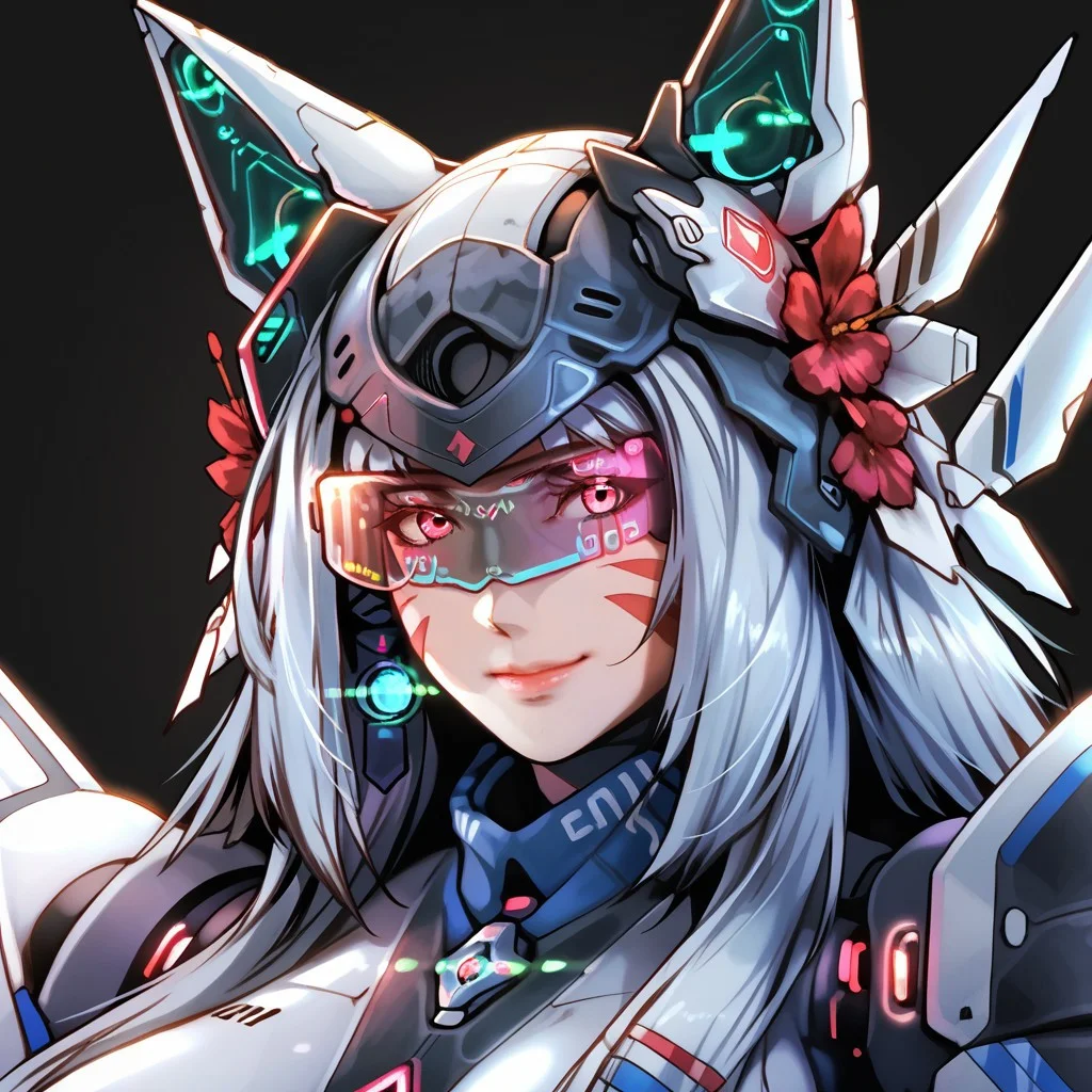 uaf-character, |||, simple background, uaf_red_blue_ilumination, android, visor, robot, smile, breasts, uaf_neuko, 1girl, uaf-portrait, helmet, glowing, whisker markings, silver hair ornament, upper body, black background, card, uaf_redblue_backlight, solo, facial mark, animal ears, 80swa, Expressiveh, score_9,score_8_up,score_7_up, 8k, hd , ultra realistic, hyper realistic, detailed face, natural huge breasts, beautiful woman's face, <LoRA: uafPortraits-000110>, <LoRA: uaf Wt: 1>, pureerosface_v1, (PureErosFace_V1:0.8)