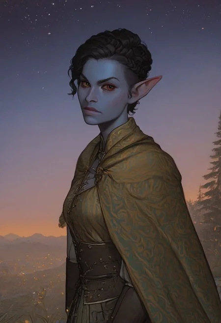 solo, medium pointy ears, nord woman, random elf face, aquiline features, dark elf, animated realism, torso, tundra, watchtower, tents, distant pine trees, grey-blue skin, scarlet and gold clothes, red sclera, black pupils, stream, distant mountains, aurora, night sky, blue-green light, neon,  stars, highly detailed, defined features, looking at viewer, three quarters view, from side, dynamic lighting, 36 years old, light and shadows, black and silver clothes, dusk, paisley doublet, determined expression, expressive eyes, detailed medieval clothes, medium_breasts, short hair, wavy hair, thick hair, braided hair, under cut hair, semirealistic, alien elf, spanish features, jewish features, black hair, dark red hair, umber skin, sharp features, linen cloak, nighttime, high detail, absurdres, pretty eyes, detailed eyes, yellow eyes,