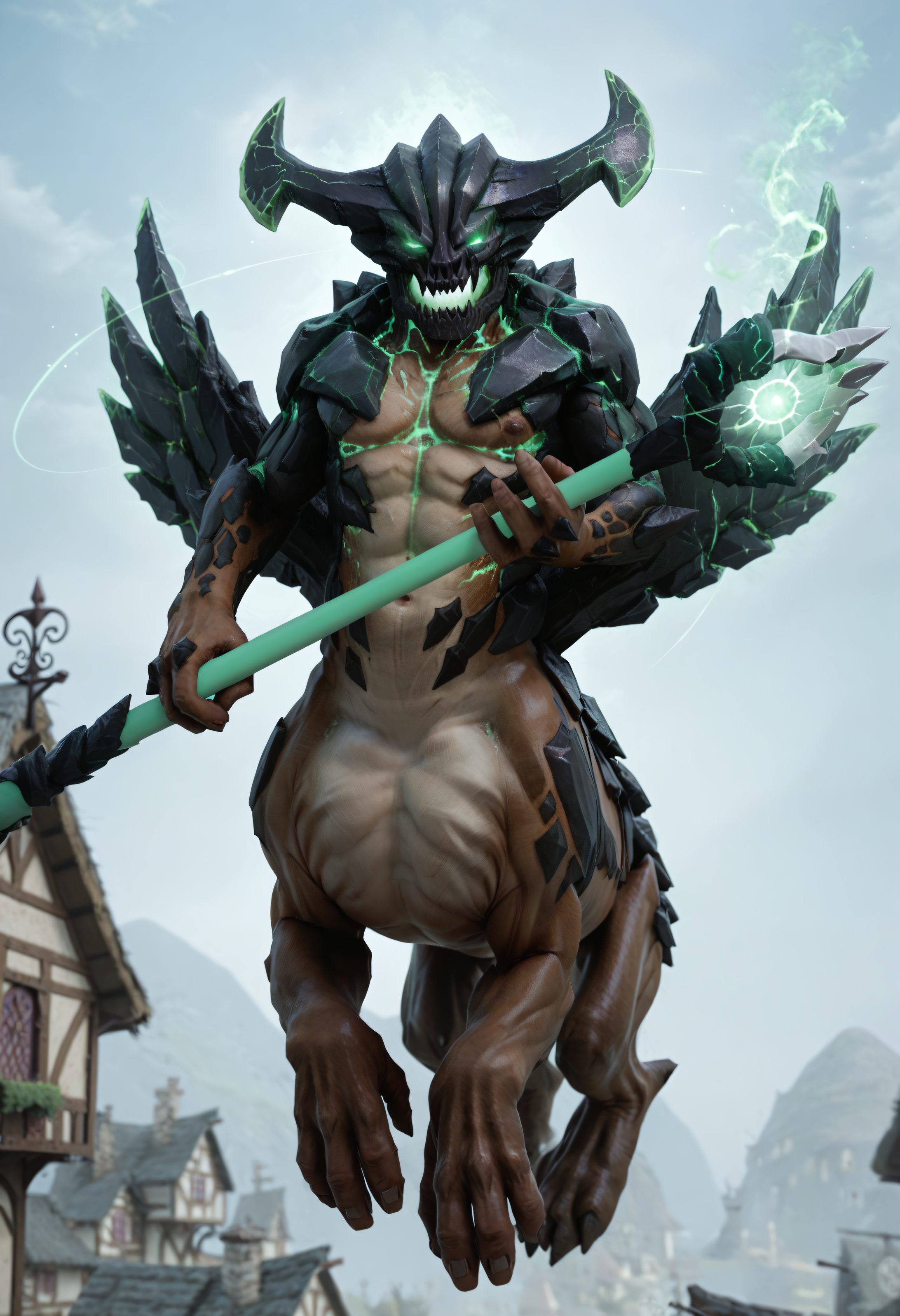 score_9, score_8_up, score_7_up, score_6_up, score_5_up, score_4_up, BREAK, 1boy, harbingerpdxl, green eyes, glowing eyes, horns, helmet, male, colored sclera, pegasus, wings, no pupils, centaur, (monster), blue sky, floating, village, holding staff, solo, <lora:HarbingerTheOutworldDestroyer2:0.8>