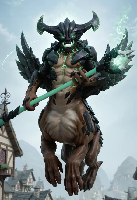 score_9, score_8_up, score_7_up, score_6_up, score_5_up, score_4_up, BREAK, 1boy, harbingerpdxl, green eyes, glowing eyes, horns, helmet, male, colored sclera, pegasus, wings, no pupils, centaur, (monster), blue sky, floating, village, holding staff, solo, <lora:HarbingerTheOutworldDestroyer2:0.8>