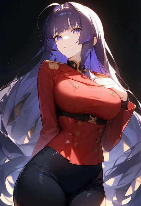 (score_9, score_8_up, score_7_up, source_anime) (masterpiece:1.2, best quality), (finely detailed eyes: 1.2) (ultra-detailed, hires), (detailed face, detailed eyes), (best illumination), detailed glow, high contrast, looking at viewer, ((solo)), emotionless, smile, squinted eyes, closed mouth, 1girl, solo, (large breasts, thin waist, wide hips), raiden_mei, ((dark_purple hair)), indigo eyes, long hair, blunt bangs, ((red peacoat, closed peacoat, black trousers)), face shot, cowboy shot, no background, empty background, (masterpiece, best quality, very aesthetic, absurdres), (ultra detailed perfect piece:1.2), illustration, masterpiece, (extremely detailed CG 8k), (very fine 8K CG), <lora:add-detail-xl:-1>