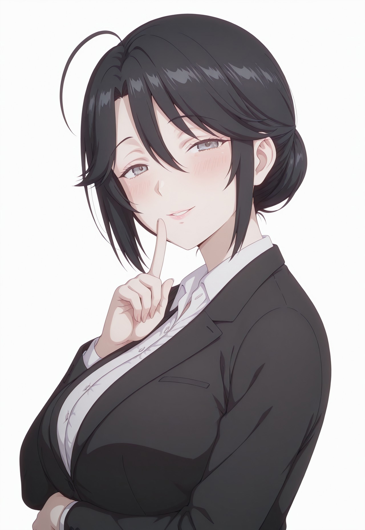 yumisuou, 1girl, grey eyes, black hair, short hair, hair between eyes, ahoge, mature female, black jacket, dress shirt, anime screencap,

big breasts, masterpiece, best quality, high resolution,

white background, seductive smile, blush, looking at viewer, arms under breasts, shushing, upper body, from side,