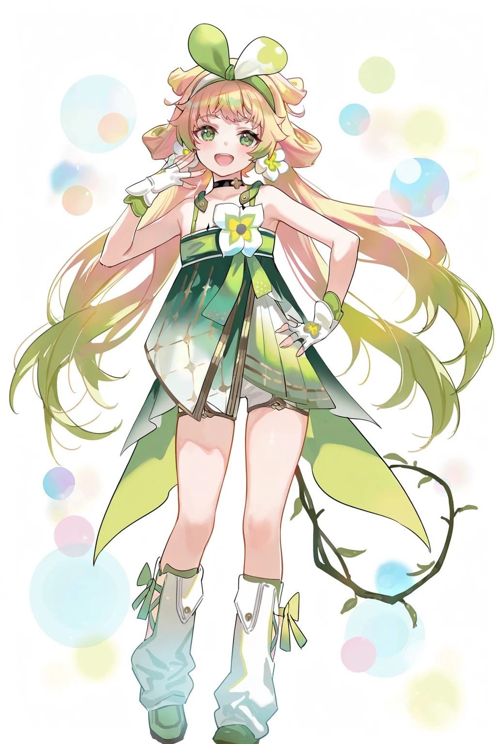 8k, best quality, masterpiece, (ultra-detailed), (high detailed skin),
((artist:reoen),(artist:fuzichoco),(artist:atdan),(artist:torino_aqua),year 2024:0.8)1girl, 8k, masterpiece, best quality, colorful, detailed light, light leaks, sunlight, bokeh, blurry foreground, ray tracing, lens flare, cinematic lighting,
full body, full shot, standing, looking at viewer, (solo:1.2), simple background, (white background:1.2), hand on own hip, white background,
<lora:vlinai-noob-Tanger:0.9>, vlinai, default clothes,Green vine tail, 1girl, long hair, green eyes, gloves, fingerless gloves, very long hair, multicolored hair, choker, Black chest tattoo
mesugaki, ridicule, laughing,
A full-body portrait of a young girl, standing gracefully, pastel art style, high-key lighting, shoujo manga influence, hd quality, delicate details,