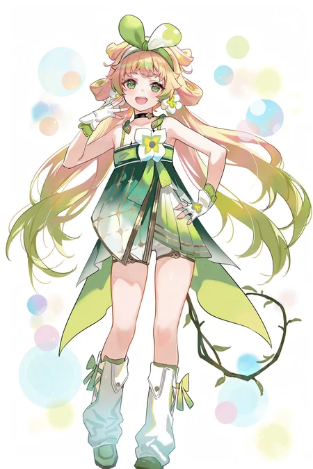 8k, best quality, masterpiece, (ultra-detailed), (high detailed skin), 
((artist:reoen),(artist:fuzichoco),(artist:atdan),(artist:torino_aqua),year 2024:0.8)1girl, 8k, masterpiece, best quality, colorful, detailed light, light leaks, sunlight, bokeh, blurry foreground, ray tracing, lens flare, cinematic lighting, 
full body, full shot, standing, looking at viewer, (solo:1.2), simple background, (white background:1.2), hand on own hip, white background, 
<lora:vlinai-noob-Tanger:0.9>, vlinai, default clothes,Green vine tail, 1girl,  long hair, green eyes, gloves, fingerless gloves, very long hair, multicolored hair, choker, Black chest tattoo
mesugaki, ridicule, laughing, 
A full-body portrait of a young girl, standing gracefully, pastel art style, high-key lighting, shoujo manga influence, hd quality, delicate details,