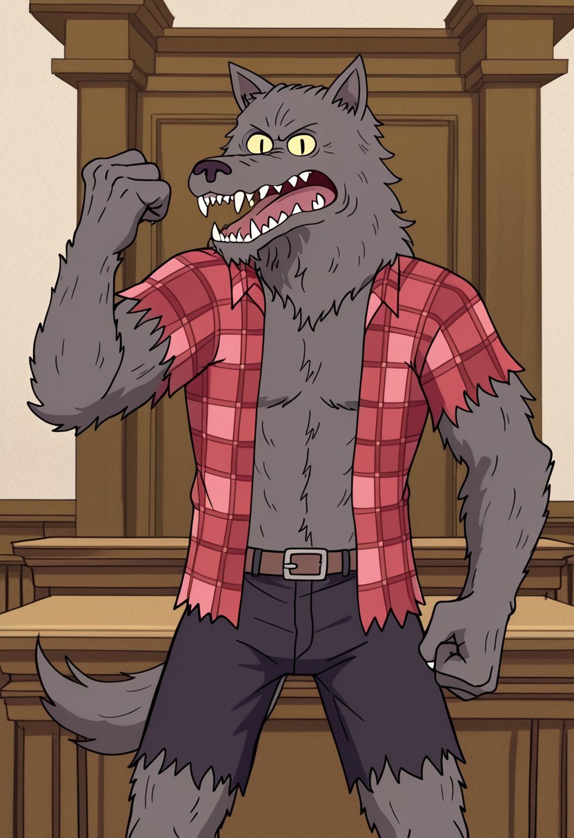 score_9_up, score_8_up, score_7_up, detailed, high quality, masterpiece, best quality, amazing quality, solo, male, anthro, w0lfhard, werewolf, grey fur, dark brown nose, yellow sclera, slit pupils, sharp teeth, claws, tail, open torn red plaid shirt, brown belt, torn purple-grey short pants, half body, standing, looking at viewer, snarling, one raised hand, clenched fist, courtroom.