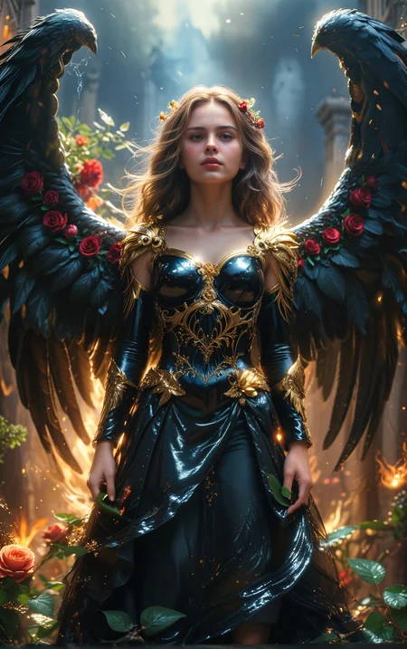 Archangel with big wings, (masterpiece,best quality,ultra-detailed, absurdres),((film still,movie still)),photograph,volumetric lighting,Slow Shutter Speed,Primitivism,RAW photo,ultra-sharp focus,internationally-acclaimed photograph,ambient atmosphere,ambient, pale complexion,film grain texture,analog photography aesthetic,visual storytelling,dynamic composition,high gloss,extremely beautiful skin,natural skin texture,(shiny skin:1.4), 1girl,huge skirt,black dress,everywhere black roses,black rose,flowers,black flowers,the black cloud,exterior,depth of field,top view angle,,undefined