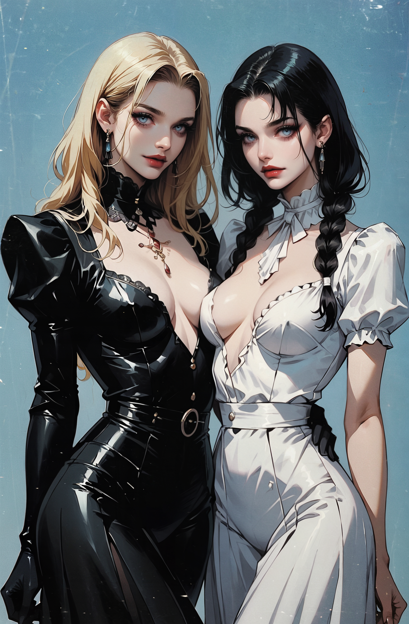 score_9, score_8_up, score_7_up, score_6_up, score_5_up, score_4_up, STNST, (realistic face:1.2),  (mixed_maids, twisted_breasts:1.4), 2girls, looking each other, Insane details, BREAK  BREAK
cute girls, mixed_maids, round breasts, medium_breasts, twintails, braided, blonde, black hair, flowing long hair,    <lora:STNST:1>, retro aesthetic, vintage,vintage texture,retro aesthetic, high contrast,