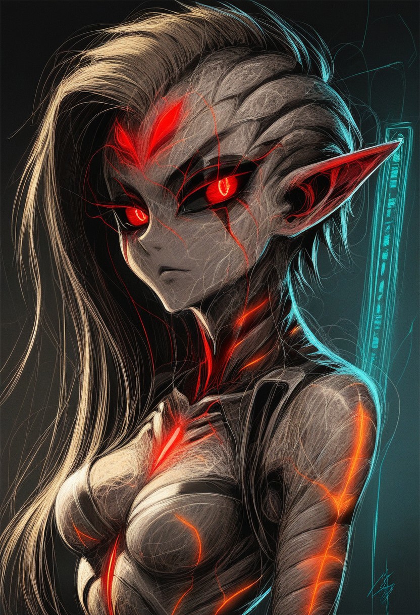 score_9, score_8_up, score_7_up, score_6_up, score_5_up, score_4_up, solo, cute alien girl engineer, long ears, (big evil eyes) , stripes, cute ,pupilless , close up, half closed eyes, wearing futuristic jumpsuit, dirty skin, skinny, engine room of a spaceship, detailed background, medium chest, indoor,(from behind), presenting her back, looking at viewer, sweating, holographic terminals, cleavage