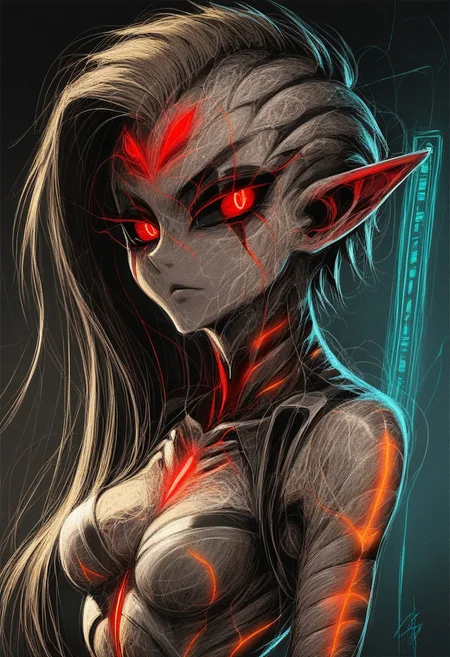 score_9, score_8_up, score_7_up, score_6_up, score_5_up, score_4_up, solo, cute alien girl engineer, long ears, (big evil eyes) , stripes, cute ,pupilless , close up, half closed eyes, wearing futuristic jumpsuit, dirty skin, skinny, engine room of a spaceship, detailed background, medium chest, indoor,(from behind), presenting her back, looking at viewer, sweating, holographic terminals, cleavage