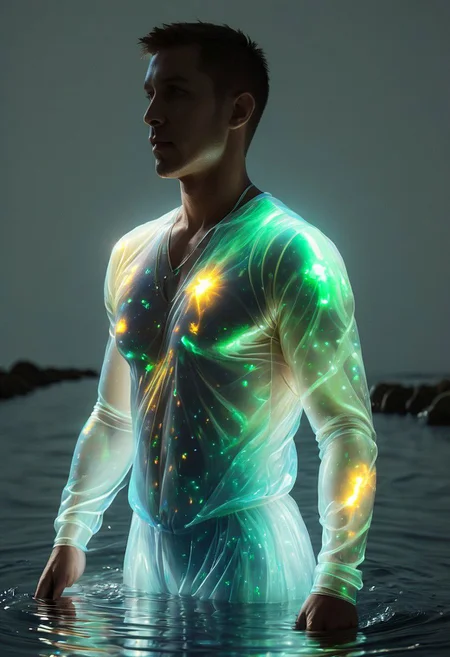 a man wearing a bioluminescent clothes glowing in water