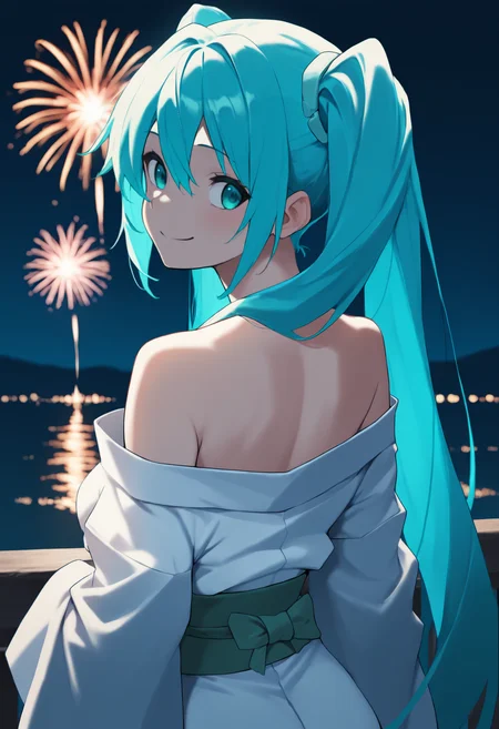 anime, masterpiece, best quality, newest, from behind, solo, 1girl, rcmk22, smile, looking back, long hair, aqua hair, hair between eyes, twintails, aqua eyes, japanese clothes, white kimono, off shoulder, green sash, bare shoulders, outdoors, night, fireworks
<segment:yolo-face_yolov8m.pt,0.4,0.5//cid=1>