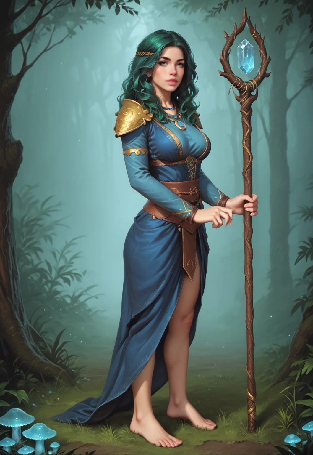 safe_pos, core_9, score_8_up, score_8, semi realistic, ultra detailed, 8k, high quality, hi res, high quality, detailed eyes, perfecteyes, detailed face, 1girl, sharp focus, (1girl:1.2), mystical druid, nature-inspired attire, (((staff with crystal))), fair skin, (long legs), long wavy green hair, realistic, cinematic angle, cinematic lighting, slender body, serene face, emerald eyes, meditative pose
BREAK
communicating with nature spirits in an enchanted forest glade
BREAK
source_fantasy_art, rating_explicit, expressive, full body, ((side view)), dynamic pose
BREAK
detailed beautiful background, lush greenery, ancient trees, glowing mushrooms, magical creatures, soft moonlight, mystical atmosphere
(((full clothed)))
