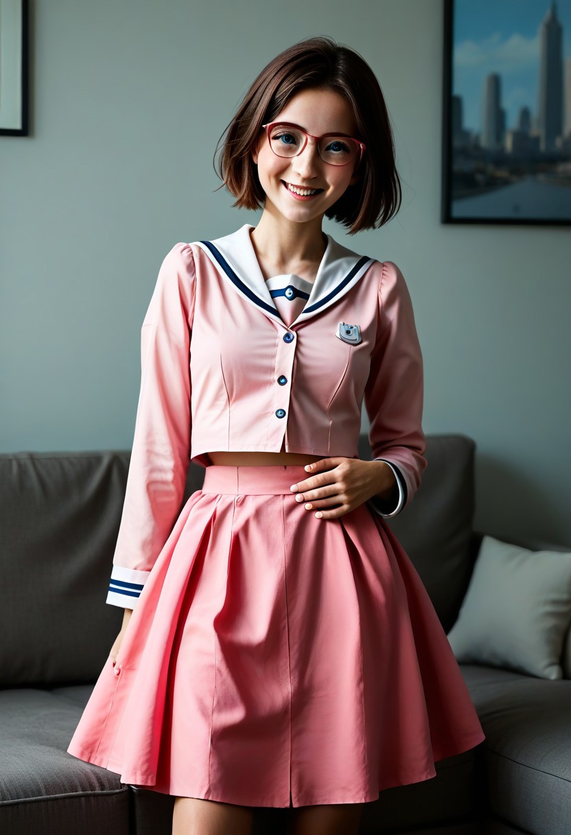 score_9,score_8_up,score_7_up,best quality, 4k, rating_safe, very aesthetic, 1girl, kousaka chinaBB, short hair, pink dress, pink skirt, long sleeves, white sailor collar, hand on stomach, seductive smile, on sofa, solo focus, abdomen, peeping, realistic, photorealistic, photograph, photography, cinematic, highly detailed, y0uthful, stvmccrr style, Freckles