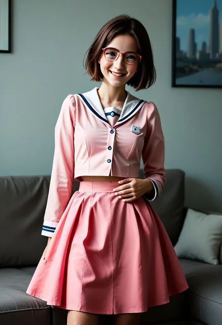 score_9,score_8_up,score_7_up,best quality, 4k, rating_safe, very aesthetic, 1girl, kousaka chinaBB, short hair, pink dress, pink skirt, long sleeves, white sailor collar, hand on stomach, seductive smile, on sofa, solo focus, abdomen, peeping, realistic, photorealistic, photograph, photography, cinematic, highly detailed, y0uthful, stvmccrr style, Freckles