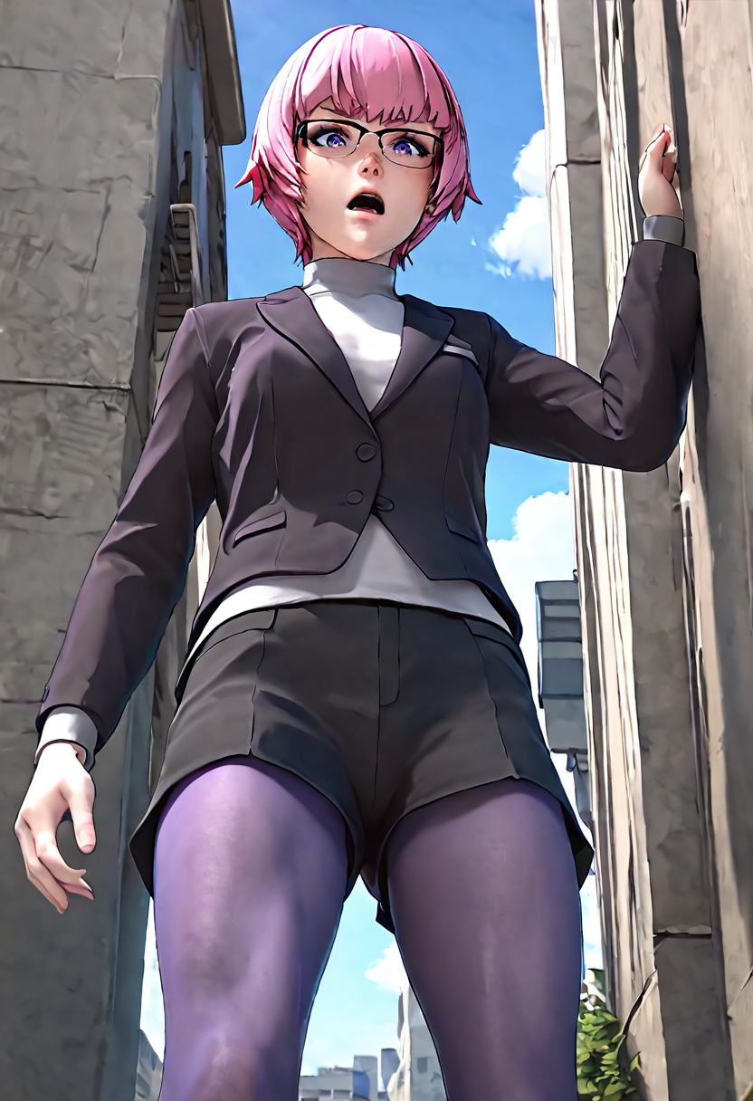 <lora:sdxl_lightning_8step_lora:1> <lora:Fixhands_anime_bdsqlsz_V1:1>score_9, score_8_up, score_7_up, source_anime, intricate details, perfect anatomy BREAK
1girl, solo, gis-esakipurin, pink hair, short hair, purple eyes, black-framed eyewear, black jacket, black shorts, gis-esakipurin outfit, purple pantyhose, black boots,
from below, legs apart, Disgusted, A wrinkled nose, raised upper lip, and a slightly open mouth., outdoors, 
<lora:gis-esakipurin_XL(pony)fix:0.9>