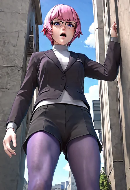 <lora:sdxl_lightning_8step_lora:1> <lora:Fixhands_anime_bdsqlsz_V1:1>score_9, score_8_up, score_7_up, source_anime, intricate details, perfect anatomy BREAK
1girl, solo, gis-esakipurin, pink hair, short hair, purple eyes, black-framed eyewear, black jacket, black shorts, gis-esakipurin outfit, purple pantyhose, black boots,
from below, legs apart, Disgusted, A wrinkled nose, raised upper lip, and a slightly open mouth., outdoors,
<lora:gis-esakipurin_XL(pony)fix:0.9>
