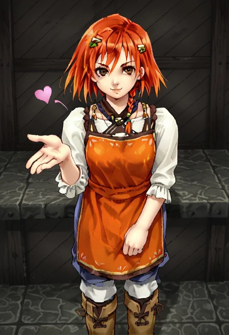 1girl,solo,brown eyes,orange hair,short hair,side braid,apron,shorts,shirt,boots,standing,facing viewer,looking at viewer,smiling,portrait,winking,blowing kiss, heart