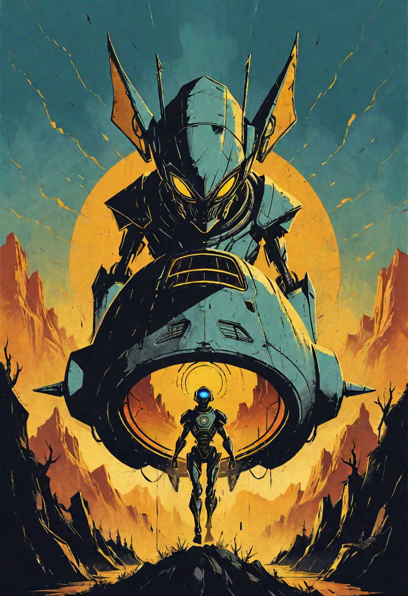 a stylized vintage robot riding a futuristic pod in an alien landscape, western, hyper detailed, sci fi, minimalist_sci-fi_dystopia