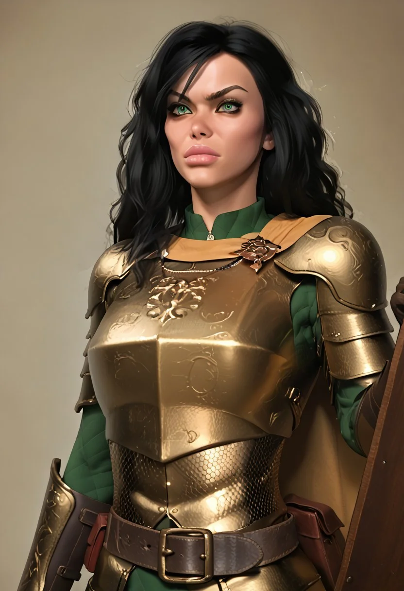 score_9, score_8_up, score_7_up, score_6_up, AOJaguarstyle, rating_explicit, solo focus, cowboy shot, portrait, view from front, upper body focus, 1girl, Pr1ncess_Lara, black hair, long hair, green eyes, armor, chainmail, breastplate, shield, boots, gloves, small breasts, determined expression, cape, belt, necklace, leather,