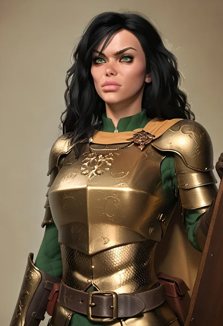 score_9, score_8_up, score_7_up, score_6_up, AOJaguarstyle, rating_explicit, solo focus, cowboy shot, portrait, view from front, upper body focus, 1girl, Pr1ncess_Lara, black hair, long hair, green eyes, armor, chainmail, breastplate, shield, boots, gloves, small breasts, determined expression, cape, belt, necklace, leather,