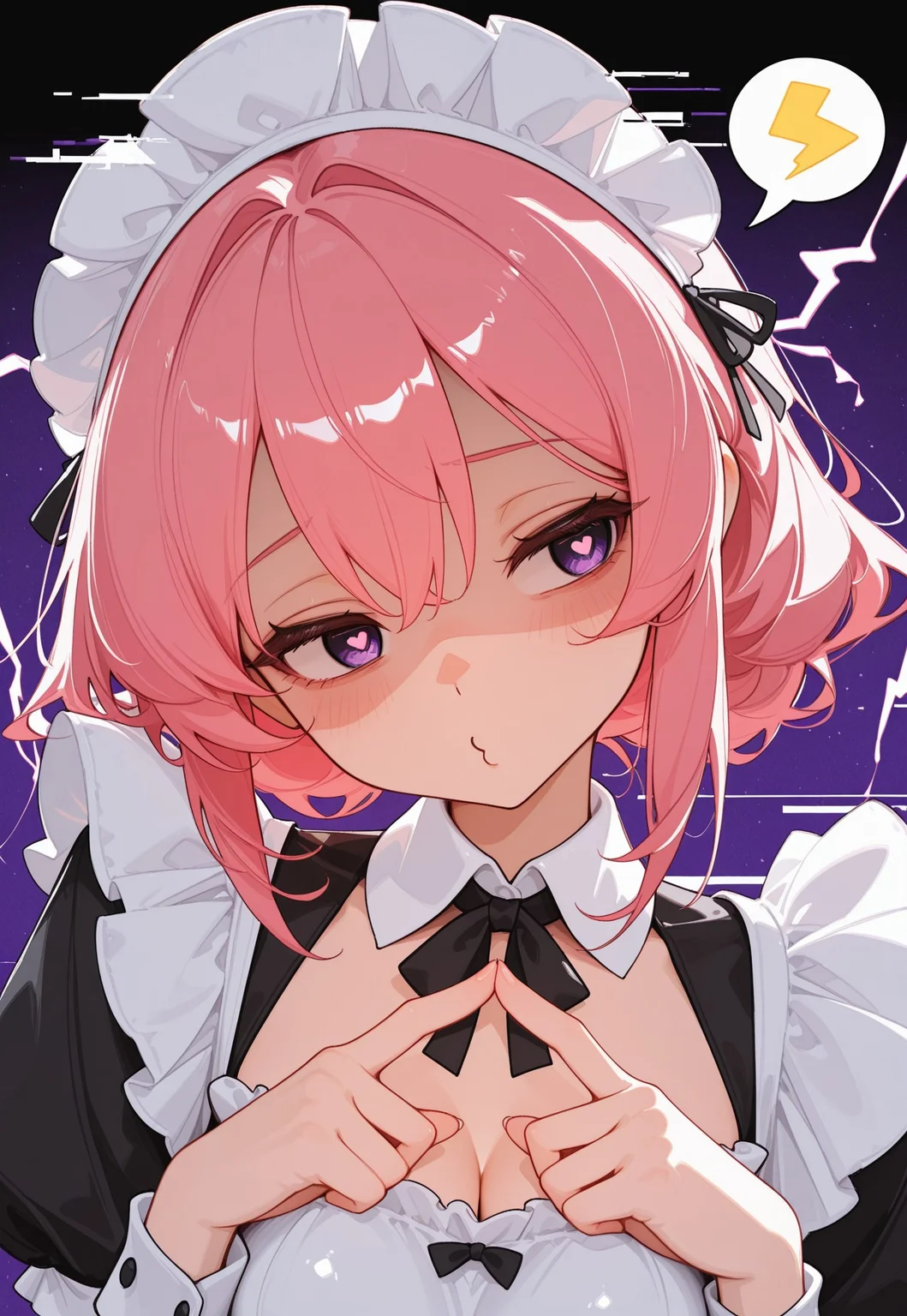 1girl, CivChan, head tilt, (three quarter view), pink hair, purple eyes, o3o, index fingers together, fidgeting, heart-shaped pupils, averting eyes, spoken yellow lightning bolt symbol, glitch, maid outfit, [yandere],
(takashia \(akimototakashia\):0.5), (sam yang:0.5), (ciloranko:0.5), (moshimoshibe:0.5),
[masterpiece, best quality, absurdres, very aesthetic, dynamic pose]