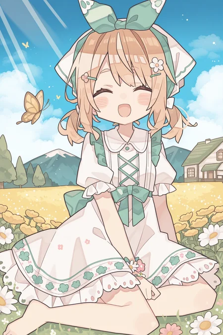 <lora:rororoyu:1>, rororoyu, 1girl, green bow, day, solo, outdoors, short sleeves, butterfly, yokozuwari, smile, flower, barefoot, open mouth, sitting, sky, grass, cloud, house, twintails, tree, puffy short sleeves, facing viewer, puffy sleeves, dress, bow, arm support, blue sky, floral print, head scarf, cross-laced clothes, yellow flower, hair ornament, :d, wrist cuffs, hairclip, food, aqua bow, sunlight, green ribbon, hair bow, mountain, shirt, flower bracelet, frills, daisy, pink flower, white shirt, building, white flower, sunbeam, ^_^, sleeveless dress, blush, frilled sleeves, white dress, lace-trimmed dress, yellow butterfly, collared shirt, light rays, lace trim, cloudy sky, bare legs, field, sleeveless