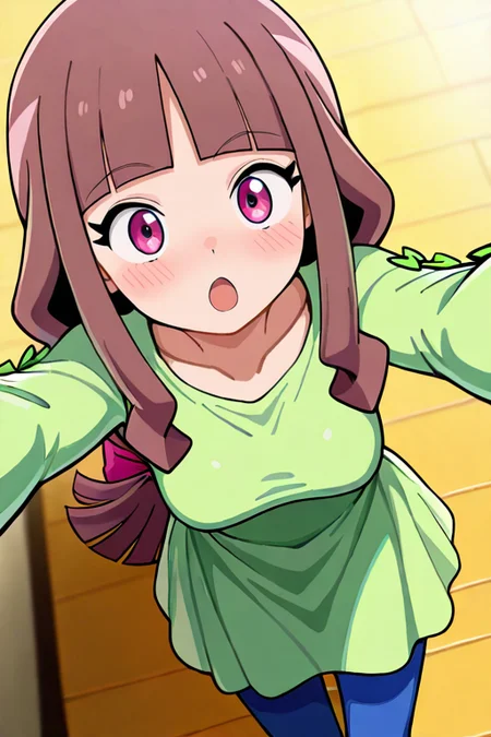 masterpiece, High quality, Ultra detailed, 2d, newest, absurdres, highres, BREAK
1girl, solo, <lora:tsukiyono_ruli:0.8>, ruli_tsukiyono,  long hair, low-tied long hair, blunt bangs, brown hair, purple eyes, 
medium breasts, ruliSk, long sleeves, green dress, blue Leggings, 
from above, blush, open mouth,