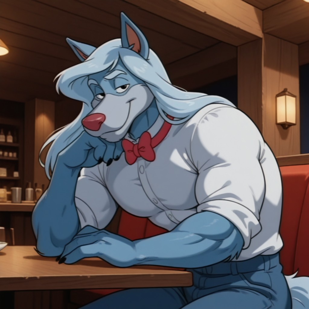 masterpiece, best quality, amazing quality, wilford, anthro, werewolf, furry male, solo, blue-grey fur, grey hair, long hair, black eyes, eyebrows, grey muzzle, red nose, long tail, muscular, white formal shirt, blue jeans, red bowtie, sitting, at table, smile, narrowed eyes, leaning on hand, looking at viewer, indoors, restaurant