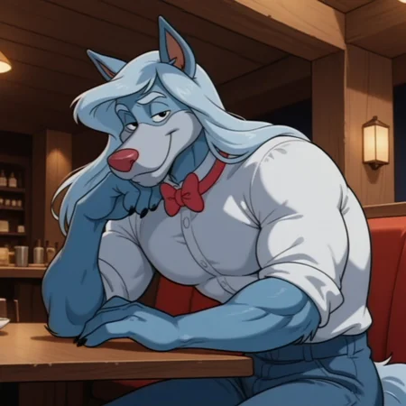 masterpiece, best quality, amazing quality, wilford, anthro, werewolf, furry male, solo, blue-grey fur, grey hair, long hair, black eyes, eyebrows, grey muzzle, red nose, long tail, muscular, white formal shirt, blue jeans, red bowtie, sitting, at table, smile, narrowed eyes, leaning on hand, looking at viewer, indoors, restaurant