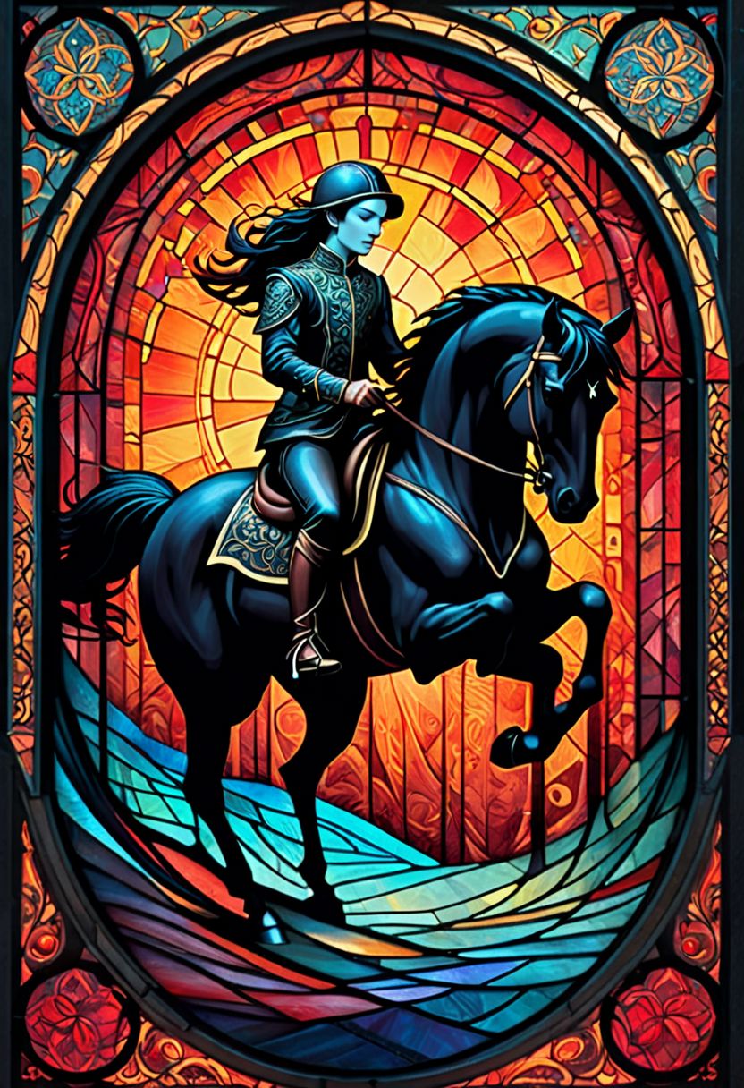 horsetrot (rubber stamp/postage stamp/woodblock print optical illusion holography  lines art illustration figures  fairytale double exposure. two parts in one art.  , fantasy, fairytale, silhouetted  modern dynamic poster, rich deep colors  comic style art on a cracked paper , fantasy,  close up filigree gracious  transparent  music, notes, music in the air,  silhouette close macro portrait, ,  night.  , dynamic pose, light on face, shadow play, perfect face, sharp  glowing eyes, by  James Jean, Craola, ,  Andy Kehoe, Dorian Vallejo,, Damian Lechoszest, Todd Lockwood, patchwork, stained glass,  storybook illustration, highly detailed unusual  beautiful details, intricated, intricated pose, tiny details masterpiece, high quality, intricated lighting, luminism, attention grabbing colors (masterclass) (female rider)