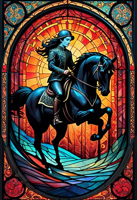 horsetrot (rubber stamp/postage stamp/woodblock print optical illusion holography  lines art illustration figures  fairytale double exposure. two parts in one art.  , fantasy, fairytale, silhouetted  modern dynamic poster, rich deep colors  comic style art on a cracked paper , fantasy,  close up filigree gracious  transparent  music, notes, music in the air,  silhouette close macro portrait, ,  night.  , dynamic pose, light on face, shadow play, perfect face, sharp  glowing eyes, by  James Jean, Craola, ,  Andy Kehoe, Dorian Vallejo,, Damian Lechoszest, Todd Lockwood, patchwork, stained glass,  storybook illustration, highly detailed unusual  beautiful details, intricated, intricated pose, tiny details masterpiece, high quality, intricated lighting, luminism, attention grabbing colors (masterclass) (female rider)