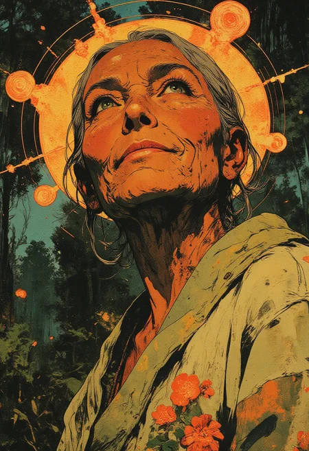 masterpiece, best quality, hyper-realistic, ultra-detailed, flawless anatomy, perfect body, HD, 8k, 1woman, elderly woman, close-up portrait, serene wisdom, natural setting, warm bronze skin with wrinkles, deep green glowing eyes, gentle smile, silver hair tied loosely, soft natural light, golden hour glow, simple linen robe, delicate floral embroidery, painterly textured brush strokes, luminous mandala optical illusions around head, concentric circles with fractal details, blurred forest background with sunlight filtering, reflection on aging and time, spiritual calm, intricate visual art, meditative presence, poetic grace, deep connection.