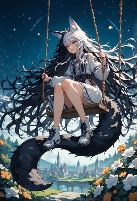 score_9, score_8_up, score_7_up, best quapoty, highres, absurdres, source_anime, 1girl, nemu, tail, <lora:Nemu_One_Of_My_AI_Dungeon:0.8>, Seated on a swing under a starry night sky, she dreams of distant galaxies and celestial wonders