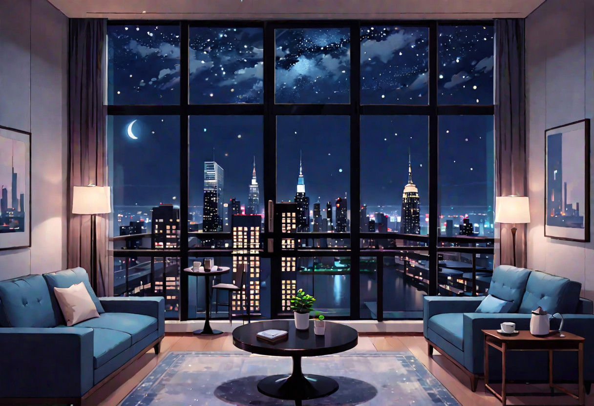 ((((front view)))), Shallow scene, ((animation style)), (((City high-rise building scenery))), ((((City scenery outside the window)))), ((sense of mystery)), (night), starry sky, moonlight, (weak warm light), (Facing the window), (open window), modern-style interior,  (sofa and coffee table by the window sill), Wooden floor, with white walls, (large windows), carpet, a living room, (Behind the sofa is the window sill),