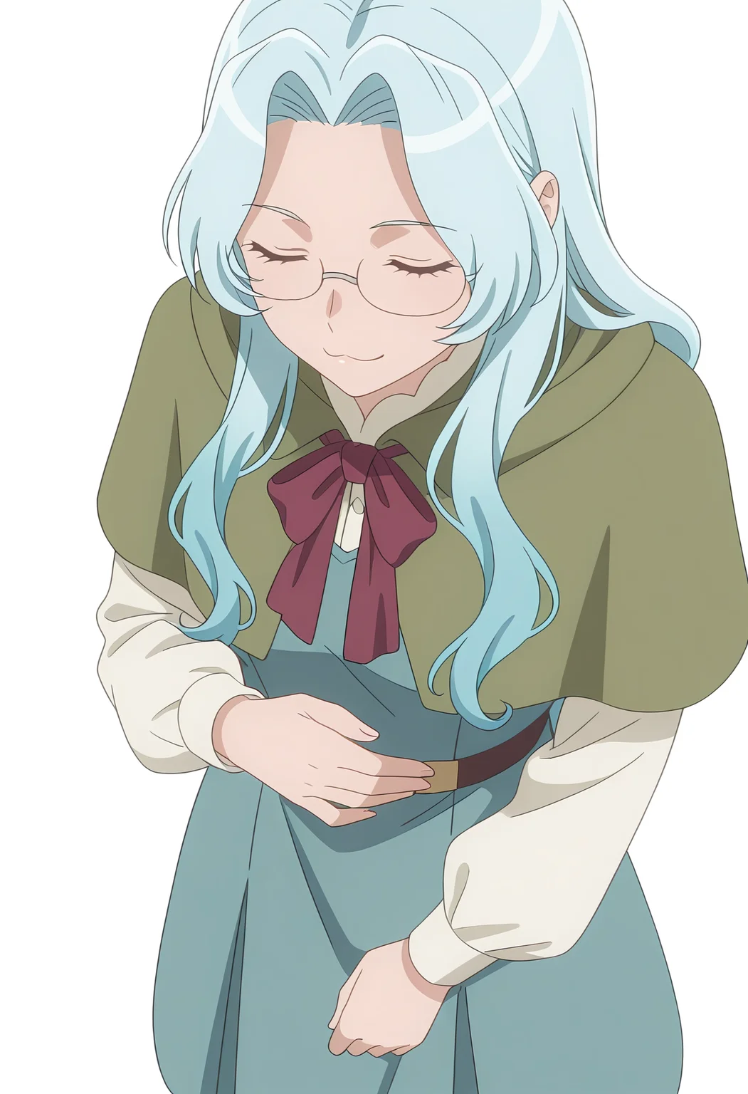 Smooth Quality,masterpiece, ultra realistic,
simple background, white background,
from above,;3,hand on own stomach,
 <lora:EvaLuria:0.8> Eva/Cnn, Sist2/Cnn, 1girl, glasses, long hair, blue hair,green capelet,glasses,