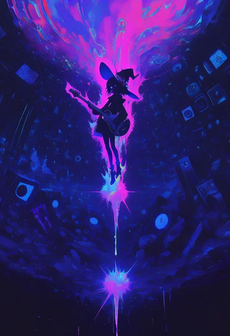 HDR, 8K, surreal , high contrast , colorful , concept , abstract , abnormal ,absurd , rock & roll theme , witch hat , @.@ , sharp teeth , glitches , guitar , power slide , dynamic angle , dynamic view , energetic , lively , Piano Sonata No. 8 in C minor, Opus 13 ("Pathétique"), 3rd Movement, Rondo: Allegro ,dripping effect ,
masterpiece, best quality ,amazing quality ,15546+456868, usnr , xxx667_illu ,