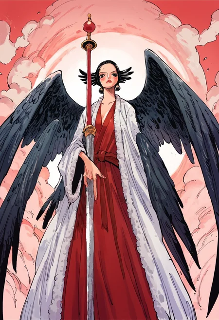 score_9, score_8_up, score_7_up, monster girl, standing, bird girl, black feathers, black scales, 1girl, petite, delicate and smooth skin, blush, perfect body, thighs, highly detailed, glossy lips, feathered wings, red theme, white robe, holding a giant sword <lora:onepiecestylev1:1> onepiecestyle