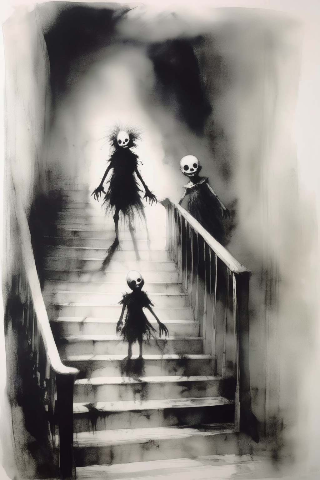 <lora:Stephen Gammell Style:1>Stephen Gammell Style - 2 scary on staircase in black and white in the style of scary story illustrator Stephen Gammell