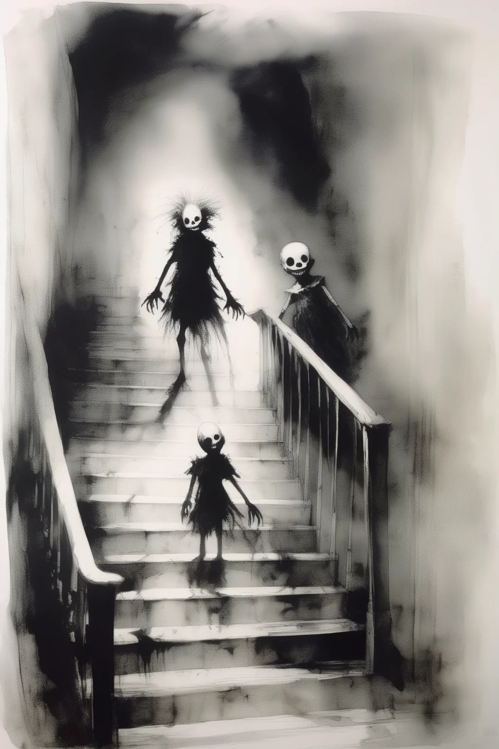 <lora:Stephen Gammell Style:1>Stephen Gammell Style - 2 scary on staircase in black and white in the style of scary story illustrator Stephen Gammell