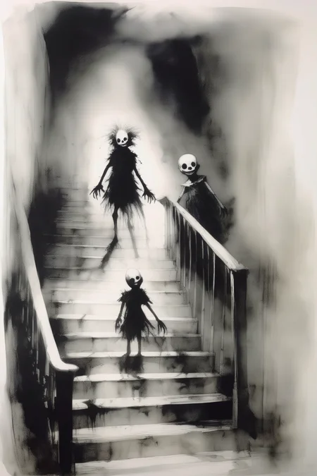 <lora:Stephen Gammell Style:1>Stephen Gammell Style - 2 scary on staircase in black and white in the style of scary story illustrator Stephen Gammell