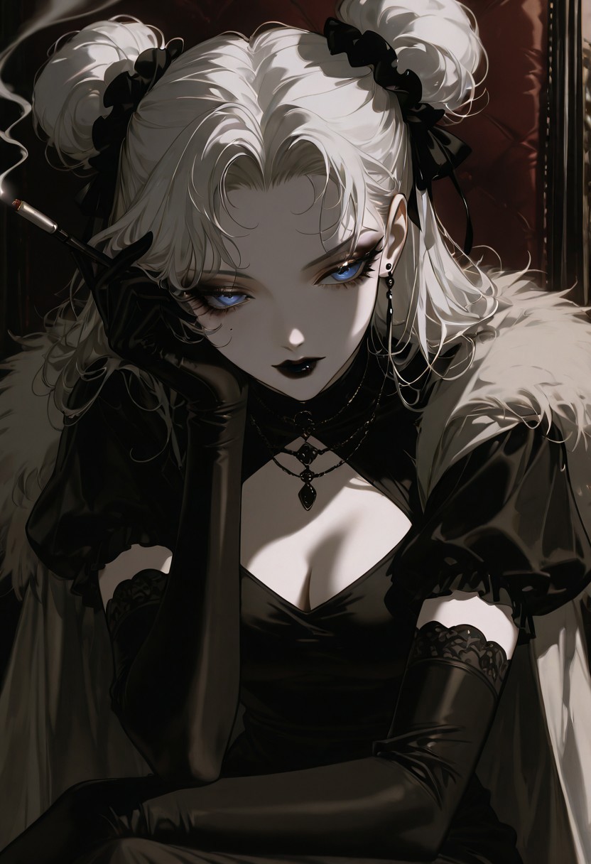 masterpiece, very aesthetic, absurdres, best quality, detailed face, detailed eyes, 1girl, adult, solo, necklace, earrings, breasts, slim, delicate features, sensual glare, pale skin tone, light skin, blue eyes, makeup, dark lipstick, regal dress, black dress, black elbow gloves, holding, hand up, single cigarette holder, smoking, smoke, cleavage, white fur cape, white hair, two buns, medium shot,
4utumnD4rk4cademia