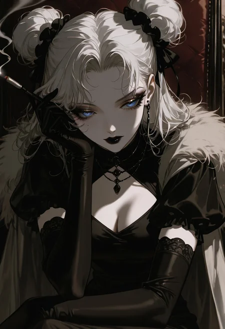 masterpiece, very aesthetic, absurdres, best quality, detailed face, detailed eyes, 1girl, adult, solo, necklace, earrings, breasts, slim, delicate features, sensual glare, pale skin tone, light skin, blue eyes, makeup, dark lipstick, regal dress, black dress, black elbow gloves, holding, hand up, single cigarette holder, smoking, smoke, cleavage, white fur cape, white hair, two buns, medium shot,
4utumnD4rk4cademia