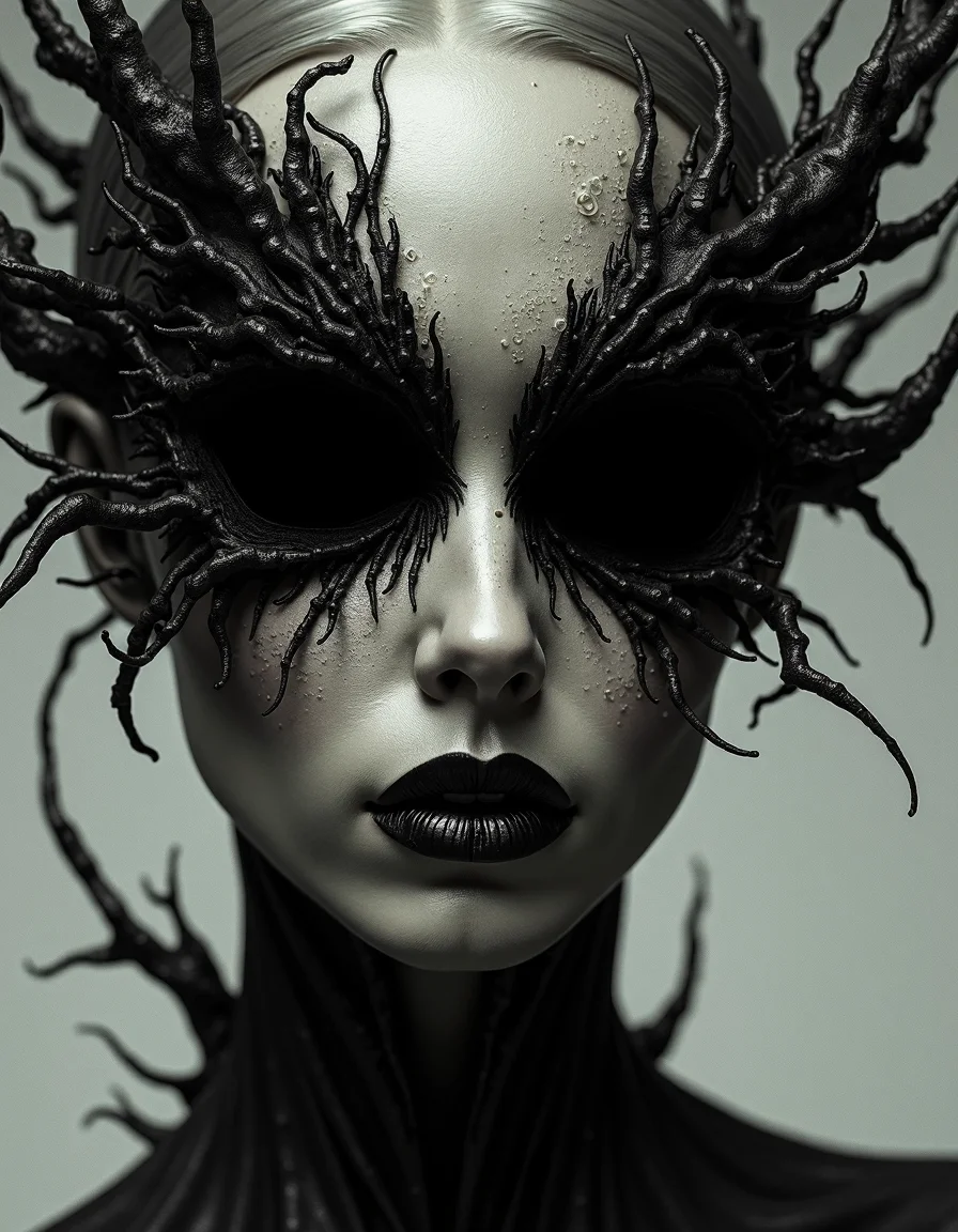 abstract portrait of a corrupted female outerworldly creature, mind magic, black marble eyes without pupils, fangs, mind explosion,