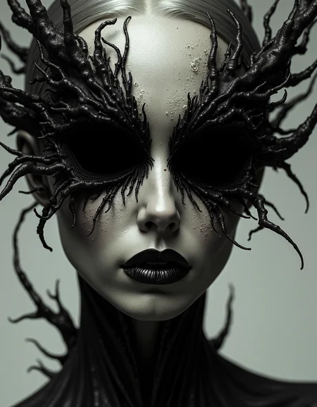 abstract portrait of a corrupted female outerworldly creature, mind magic, black marble eyes without pupils, fangs, mind explosion,