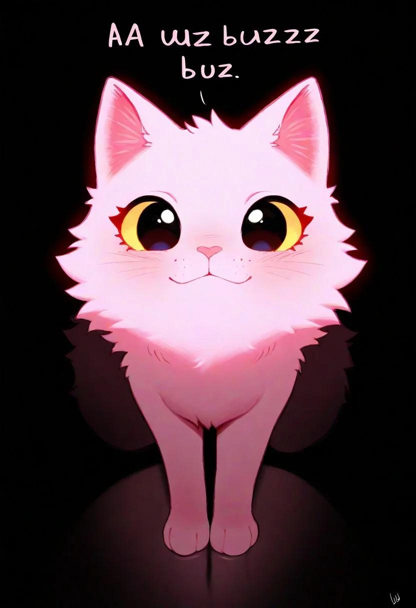 masterpiece, best quality, good quality, very aesthetic, absurdres, newest, a cute cat, large healthy moist eyes, pink fur, uwu, (((a text says "buzz pleawse"))), (text:1) text in center,