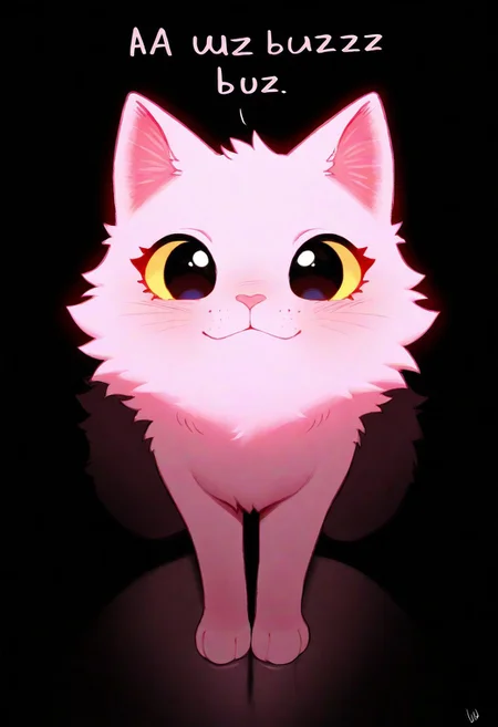 masterpiece, best quality, good quality, very aesthetic, absurdres, newest, a cute cat, large healthy moist eyes, pink fur, uwu, (((a text says "buzz pleawse"))), (text:1) text in center,