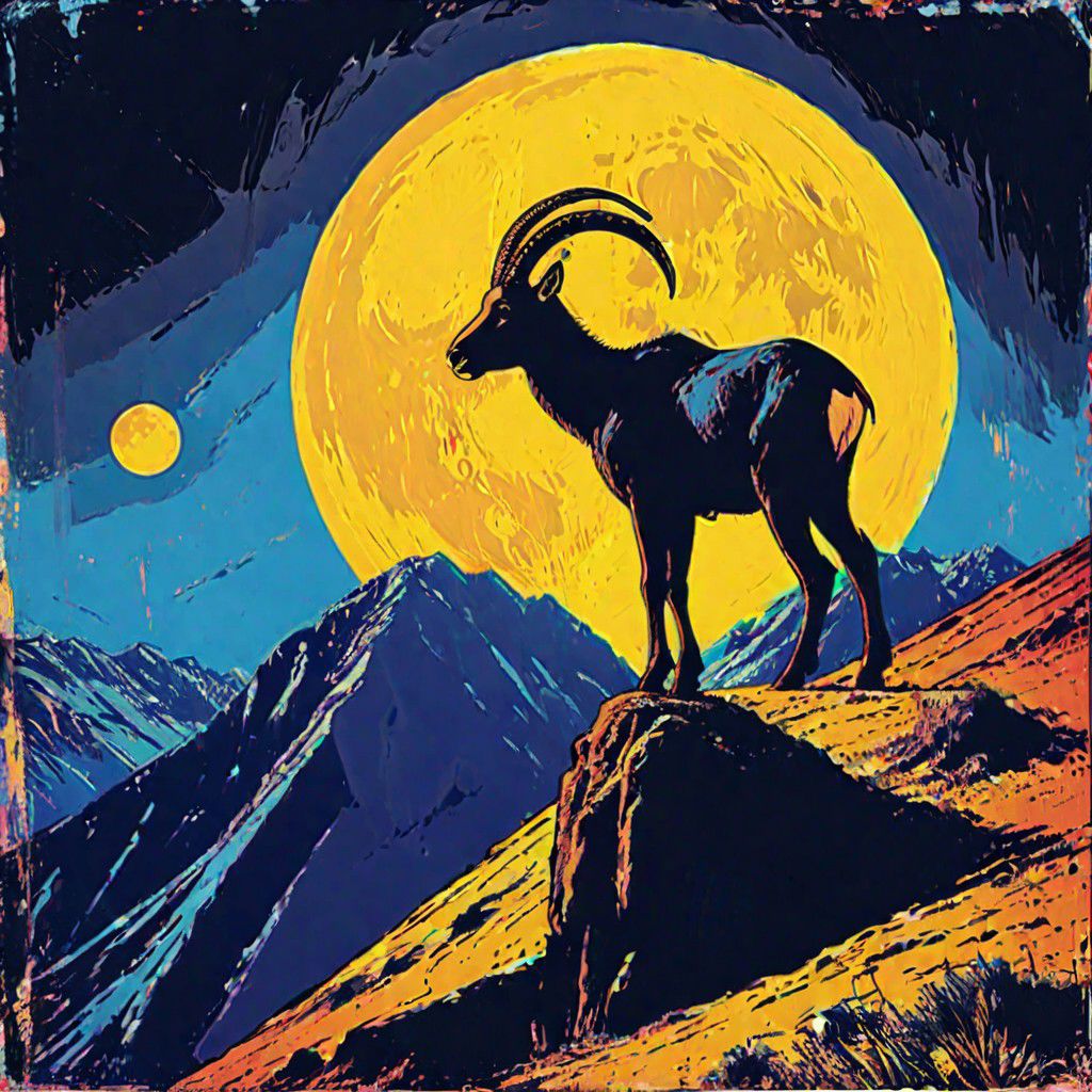 1 walia ibex standing on top of a cliff under 1 while moon, black silhouette against while moon, black cliff, dark blue sky,